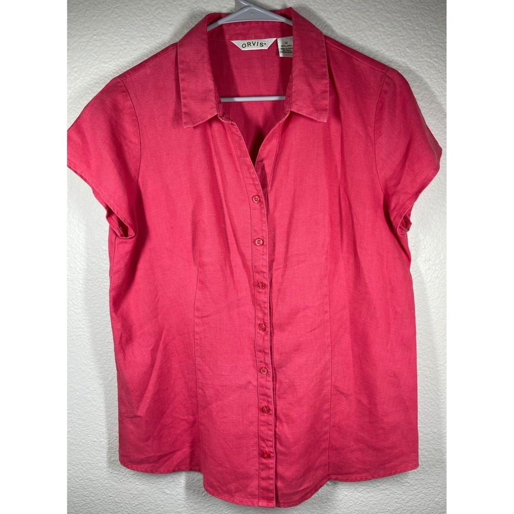 Orvis Linen Button Down Short Sleeve Shirt Coral Pink Women's Size 12